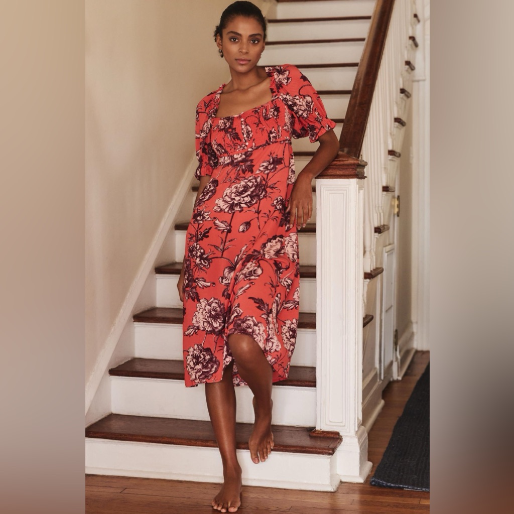 By Anthropologie Puff-Sleeve Smocked Floral Midi Dress Size Large Red